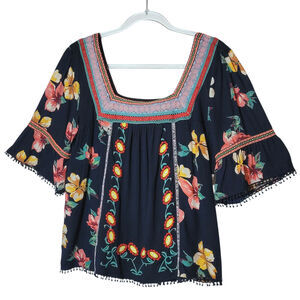 Anthropologie Dakota Embroidered Floral Square Neck Top Bell Sleeve Blue Boho M